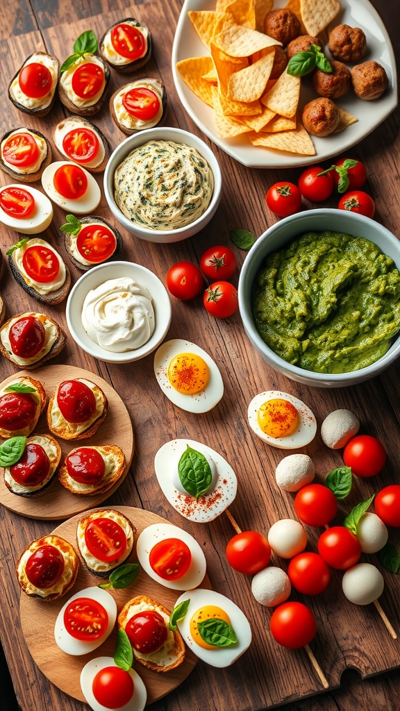 A colorful assortment of appetizers including bruschetta, stuffed mushrooms, mini meatballs, spinach dip, deviled eggs, and caprese skewers on a wooden table.